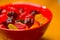 translucent multi-colored jelly sweeties in red bowl