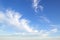 Translucent scenic cirrus clouds high in a blue sky. Cloud species and varieties. Atmospheric phenomena. Skyscape on a sunny day