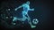 Translucent soccer player runs with ball on dark blue background, colorful neon trail glowing