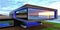 Translucent sun visible through the panoramic windows with illuminated blue frames of the elite futuristic cottage constructed on