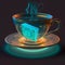 translucent tea cup a book in it, digital neon style, dark cyan, and gold, generative ai