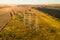 Transmission High voltage line tower in countryside landscape at sunset