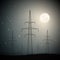 Transmission towers on moonlight starry night. Industrial landscape