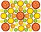 Transparency sliced colorful fruits on white background. Rings of grapefruit, lemon, tangerine and orange