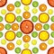 Transparency sliced colorful fruits on white background. Rings of grapefruit, lemon, tangerine and orange