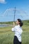 Transparency umbrella and young asian woman under blue sky