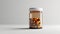 Transparent amber plastic pill jar on a isolated white background, space for text