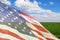 Transparent american flag overlay green american farmland field majestic blue sky usa pride holiday photography effect background