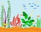 Transparent aquarium sea aquatic background vector illustration habitat water tank house underwater fish algae plants.