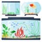 Transparent aquarium vector illustration habitat water tank house underwater fish tank bowl.