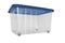 A transparent big plastic portable container, storage box on wheels with blue cover for general purpose, household equipment