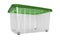 A transparent big plastic portable container, storage box on wheels with green cover for general purpose, household equipment