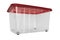 A transparent big plastic portable container, storage box on wheels with red cover for general purpose, household equipment