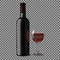 Transparent blank black realistic bottle for red wine on plaid background with glass . Vecto