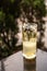 Transparent blueberry based alcoholic drink served at sunset on a black marble table