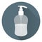 Transparent bottle of liquid soap or body cream. Foam for a bath. On round grey background with shadow. Flat style, icon