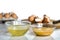 Transparent bowls with egg proteins and yolks
