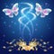 Transparent butterflies with golden ornament and glowing firework