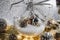 Transparent Christmas balls filled with snow and with the birth of jesus and golden bows