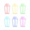 Transparent colorful plastic empty disposable cup for soda or cocktail. Party disposable tableware set. Vector illustration