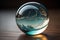 Transparent crystal ball on a wooden table. ai generative