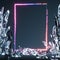 Transparent Crystals On Dark Background, Near Neon Frame. 3d rendering.