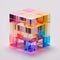 Transparent cube with colorful blocks inside on a white surface, in the style of translucent overlapping, mosaic-like