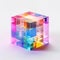 Transparent cube with colorful blocks inside on a white surface, in the style of translucent overlapping, mosaic-like