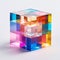 Transparent cube with colorful blocks inside on a white surface, in the style of translucent overlapping, mosaic-like