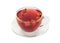 Transparent cup with tea fromdog-rose fruit isolated on white