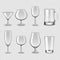 Transparent drink glasses icons photo realistic vector set