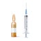 Transparent glass ampule and syringe. Mock up template medical vial with liquid medicament