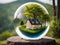 A transparent glass ball with a house inside and trees inside as symbol of green energy. World Earth Day