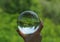 A transparent glass ball turned the view of a clearing by the forest on a summer day