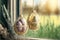 Transparent glass Easter eggs with Springtime decor, dry plants, flowers and small eggs. Glass eggs hang on hemp cord by window.