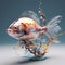 Transparent glass fish sculpture isolated on a grayish-white background. AI-generated.