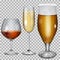Transparent glass goblets with cognac, champagne and beer