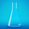 Transparent glass laboratory flask. Flask blue background.