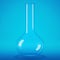 Transparent glass laboratory flask. Flask blue background.