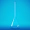 Transparent glass laboratory flask. Flask blue background.