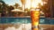 transparent glass of light cold beer near pool, perfectly complemented by the sunny sky and glistening sun. Ai generated