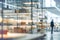 Transparent glass shelves background in store, storage room or office. Blurred people on background