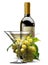 Transparent glass of white wine, bottle of wine and a branch of grapes. High detailed realistic illustration