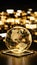 Transparent globe with golden light, continents, meridians Bokeh of lights, square platform, golden particles