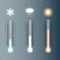 Transparent Meteorology thermometers. Cold and heat temperature. Vector illustration.