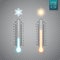 Transparent Meteorology thermometers. Cold and heat temperature. Vector illustration.