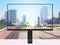 Transparent monitor screen cityscape background realistic gadgets and devices concept