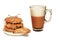 Transparent mug of hot coffee with milk, cappuccino or latte and homemade wholegrain crispy oatmeal cookies with raisins