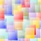 Transparent overlapping square design in pastel rainbow colors on white background.