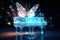 A transparent piano floats in the air, butterfly light